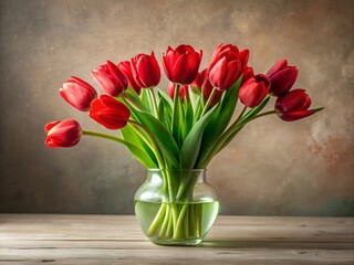 Fototapeta premium Minimalist Photography of a Vibrant Bouquet of Red Tulips in a Simple Vase Against a Soft Neutral Background, Emphasizing Elegance and Natural Beauty