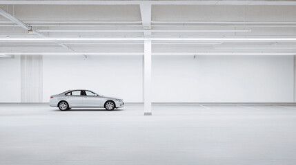 A bright parking garage scene showcasing a silver sedan with a sunroof parked on the left. A white support column stands prominently in the background between the cars. The lighting reflects off the