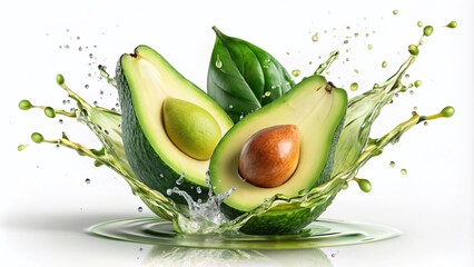 Minimalist Photography of Splashes of Avocado with Green Oil Droplets Isolated on White Background for Culinary and Health-Focused Imagery