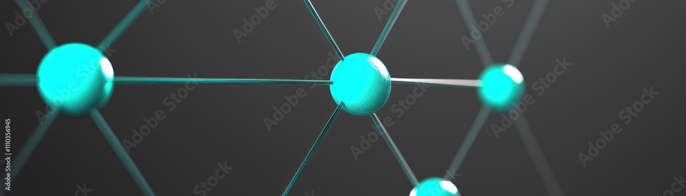Poster abstract visualization of interconnected nodes with teal spheres, suggesting concepts of networking,