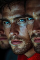 Fototapeta premium Close-up portrait of three handsome men with intense blue eyes