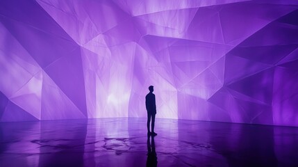 A person standing in front of a dynamic, abstract purple background with geometric shapes, offering an energetic and modern feel.