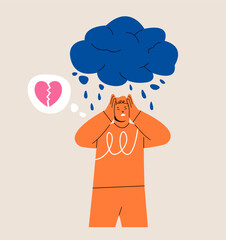 Man standing under a rain with a broken heart. Colorful vector illustration