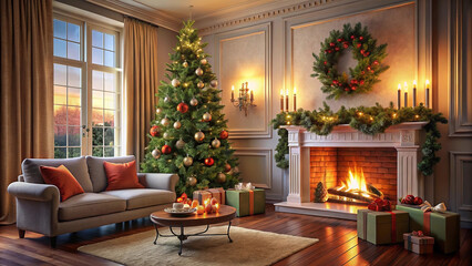 Cozy Christmas living room with decorated tree, fireplace, and gifts.