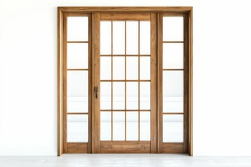 Wooden door with glass panes, light room.