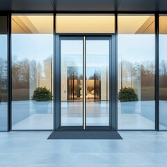 Glass doors, modern building, landscape reflection, stone floor.
