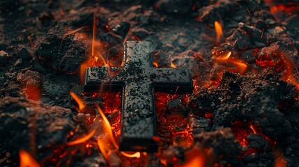 Tuesday of ash christian cross icon on a backdrop of embers