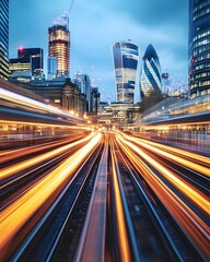 Fototapeta premium A dynamic cityscape with blurred train motion and modern skyscrapers under a twilight sky.