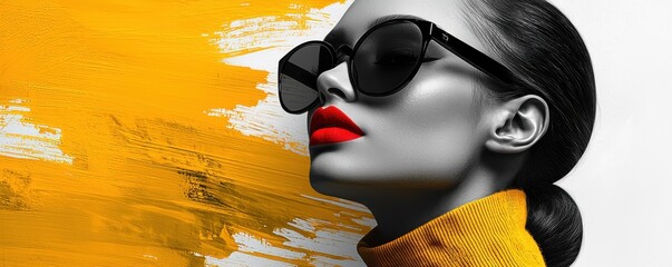 Stylish woman wearing sunglasses against vibrant yellow background
