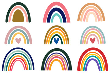Boho rainbows abstract shapes set, silhouette of rainbow vector illustration, rainbows with clouds, abstract hand drawn collection. glyph nature weather elements for poster, print, card or books.