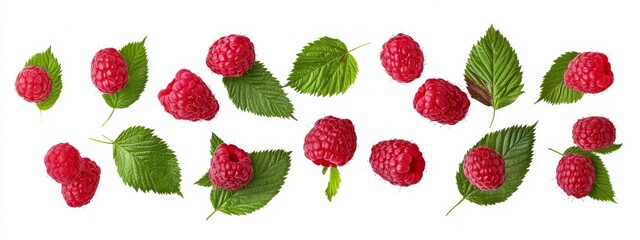 A cluster of fresh raspberries with leaves, isolated white background, abstract art style