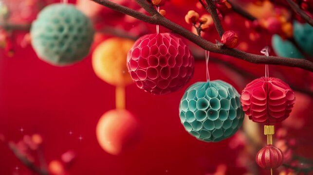 Chinese New Year decorations lantern a red background video footage greeting, Lunar New Year.