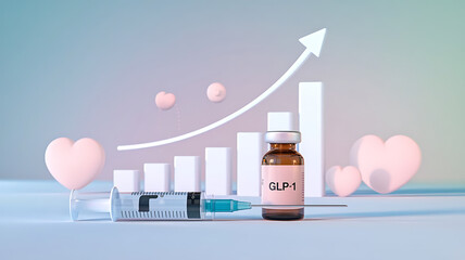 A vial labeled glp-1 with syringes, a heart icon, and a growth chart symbolizes hormone therapy benefits.GLP-1, medical syringe, vial, healthcare, medication or treatment related to glp-1