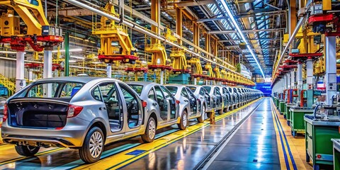 Modern Factory Assembly Line Producing Cars in an Automated Environment Showcasing Mass Production Techniques and Advanced Technology in the Automotive Industry