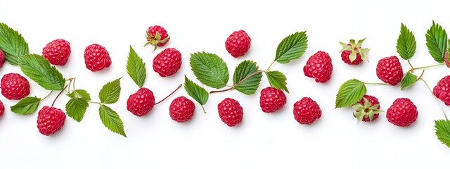 A cluster of fresh raspberries with leaves, isolated white background, abstract art style