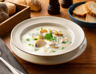 A creamy clam chowder garnished with fresh parsley and tender clams is served in a porcelain plate alongside crusty bread and spices on a wooden table.