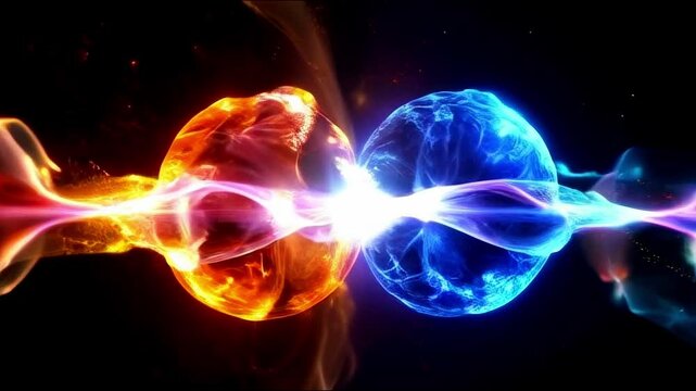 Scientific concept of depicting the fusion of two atoms. Sci-fi background. Quantum physics. Generative AI