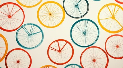 Pattern of colorful bicycle wheels interconnected in a vibrant, abstract layout with a minimalist white background.