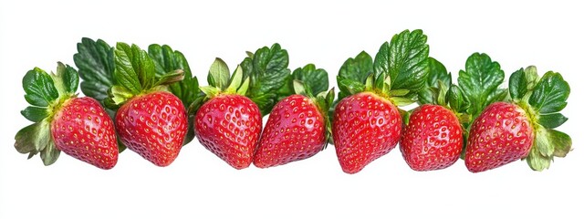 A cluster of fresh strawberries with leaves, isolated white background, abstract art style