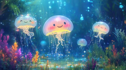 Fototapeta premium Playful jellyfish with smiling faces drifting serenely in an underwater realm of colorful, glowing plants