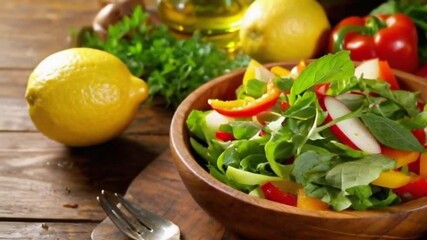 Cinematic 4K Video of Fresh Salad Ingredients Being Sliced and Served in a Rustic Wooden Bowl for Healthy Eating Promotion