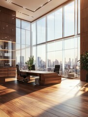 Fototapeta premium Spacious office with modern furniture, big window, wooden floor and separate cabinet with glass walls. 3D rendering