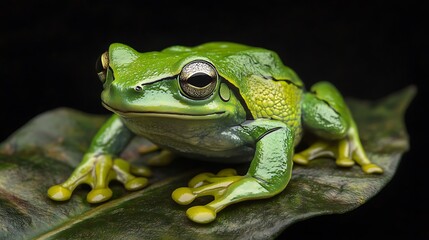 Fototapeta premium A vibrant green frog perched on a leaf, showcasing its glossy skin and intricate details.