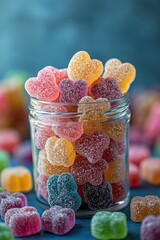 Colorful heart-shaped gummy candies in a glass jar closeup