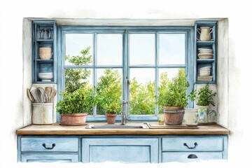 Blue kitchen cabinets, window, plants, sink, utensils.