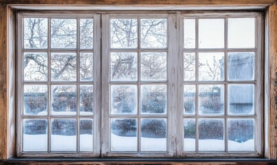 Frozen window panes, winter scene, snowy landscape.