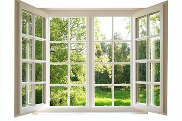 Fototapeta premium Open window, white frame, lush green landscape.