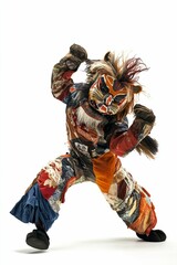 Patchwork lion costume, dynamic pose, white background.