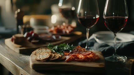 Rustic table scene: red wine glasses and a curated charcuterie board showcasing fresh ingredients in soft, natural light.
