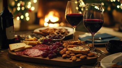 Rustic table setup: red wine glasses scattered, charcuterie board with gourmet cheeses, nuts, and fruits under warm lighting.