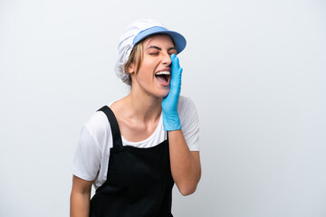 Fishwife woman isolated on white background shouting with mouth wide open to the side