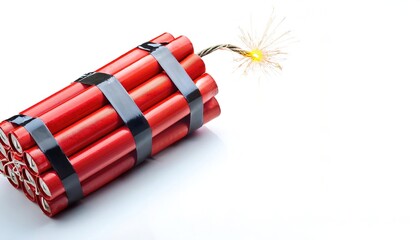 Dynamite is an explosive made of nitroglycerin, sorbents such as powdered shells or clay, and stabilizers in long red form of cardboard cylinders. Isolated on white background with copy space