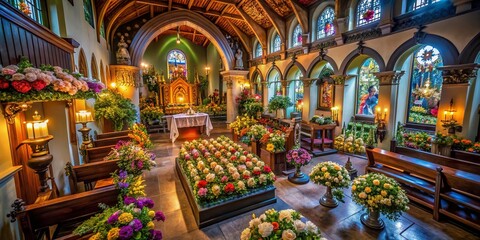 Moody Interior of an Old Dimly Lit Church During a Somber Funeral Ceremony Surrounded by Flowers, Captured with Drone Photography for Atmospheric Effect