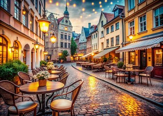 Morning in Old Riga: A Bokeh Effect Scene of an Unopened Cafe in a Charming European City, Showcasing Historic Architecture and Tranquil Streets