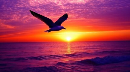Naklejka premium Seagull soaring over the ocean at sunset with vibrant colors and gentle waves