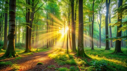 Obraz premium Morning Light Piercing Through a Serene Forest with Gentle Rays Illuminating the Ground, Perfect for Nature Lovers and Tranquil Ambiance Photography