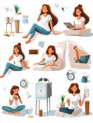 Fototapeta premium Woman daily schedule. Female activities every day, different life situations and clock. Girl wake up working drinking coffee and meeting friend vector illustration