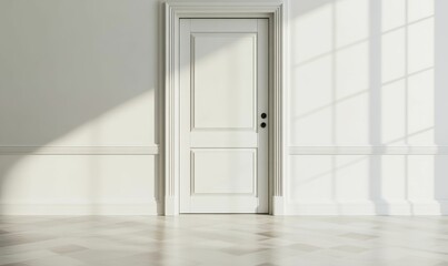 Sunlight streams through a room with white door and floor.