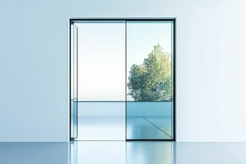 Glass doors open onto balcony, tree, distant view.