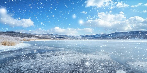 Obraz premium A serene winter landscape with a frozen lake, snowflakes falling, and a distant mountain range in the background.