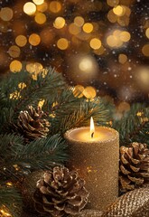 A luxurious gold-themed holiday background with gilded pine branches, warm candlelight, and festive holiday decor.