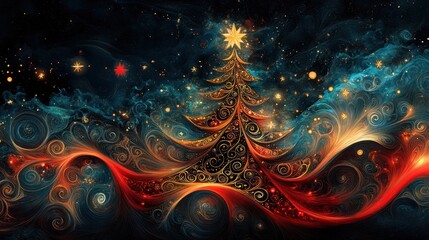 Dynamic and swirling image of a Christmas tree against a starry night sky.