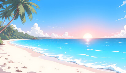 Fototapeta premium A serene tropical beach at sunrise, featuring palm trees, soft sands, clear blue waters, and a vibrant sky transitioning from pink to blue.