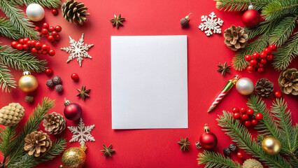 Blank paper card mockup surrounded by Christmas decorations on red background.