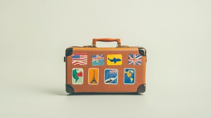 Stylish suitcase with vibrant travel stickers, displayed on a minimalist white background for a modern travel vibe.