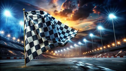 Night Photography of a Checkered Flag for Car Racing and Motorsport Rally, Perfect for Competitions, Promotions, and Bookmakers in a Dynamic Racing Environment